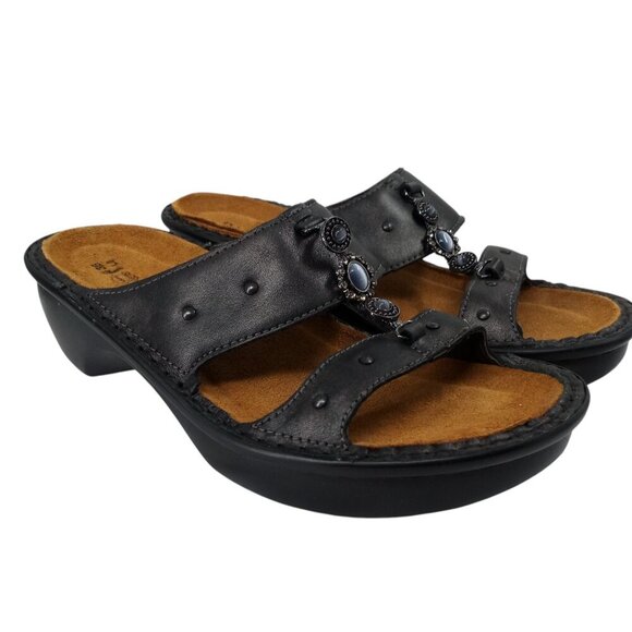 Naot Black Leather Wedge Beaded Sandals Size 36 US 6 Comfort Rhinestone - Picture 1 of 12